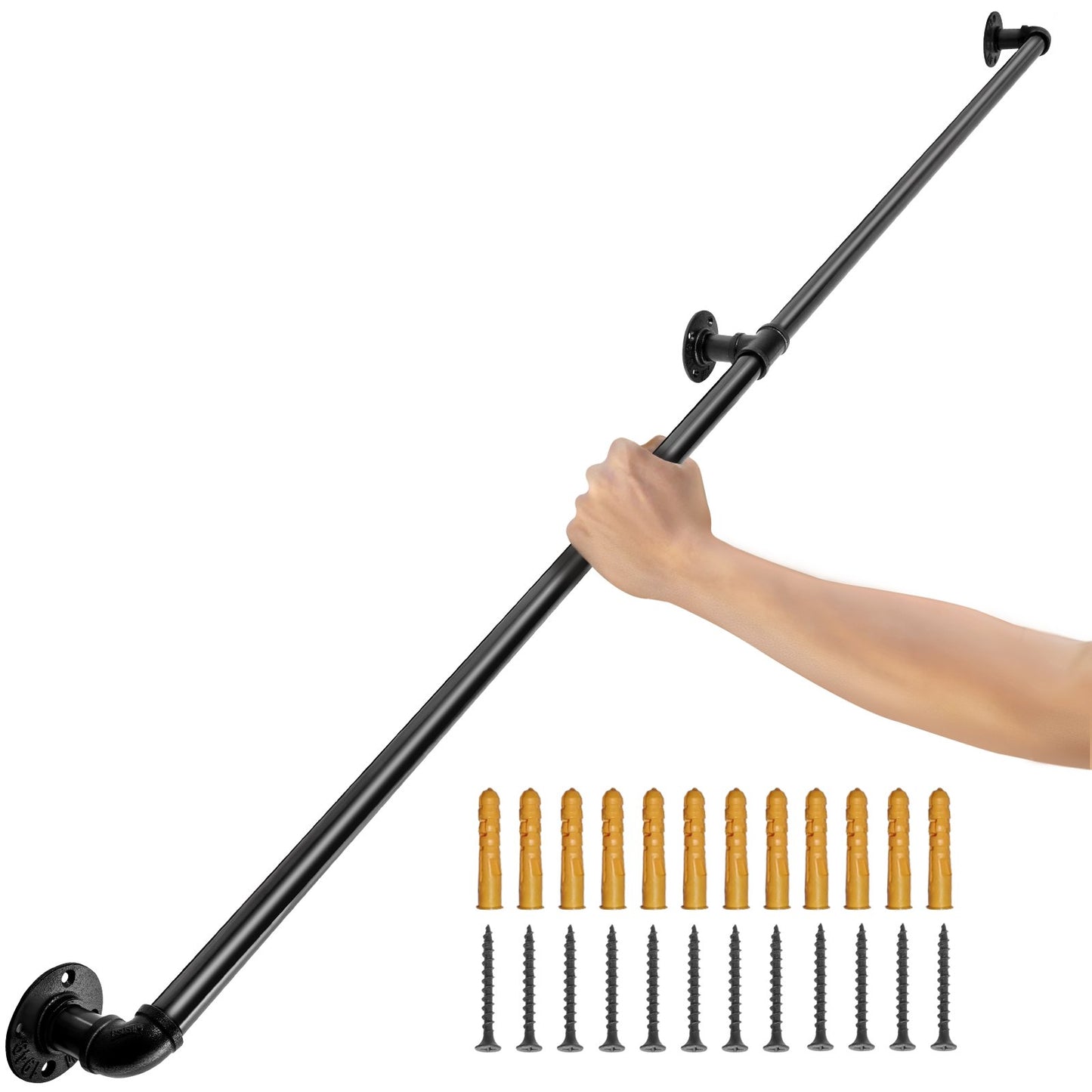 Pipe Stair Handrail, 7FT Stair Handrail, 440LBS Load Capacity Carbon Steel Pipe Handrail, Industrial Pipe Handrail with Wall Mount Support, Round Corner Wall Handrails for Indoor, Outdoor