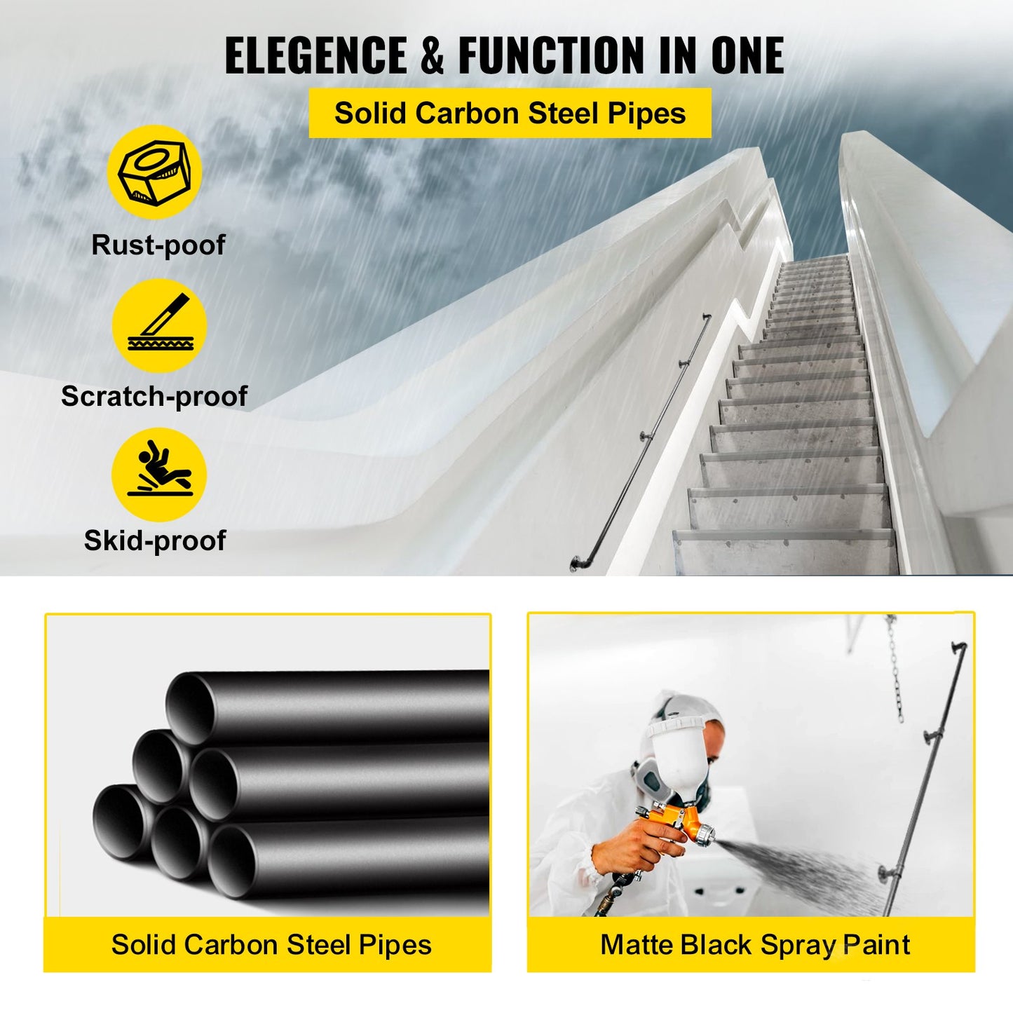 Pipe Stair Handrail, 9FT Stair Handrail, 440LBS Load Capacity Carbon Steel Pipe Handrail, Industrial Pipe Handrail with Wall Mount Support, Round Corner Wall Handrails for Indoor, Outdoor