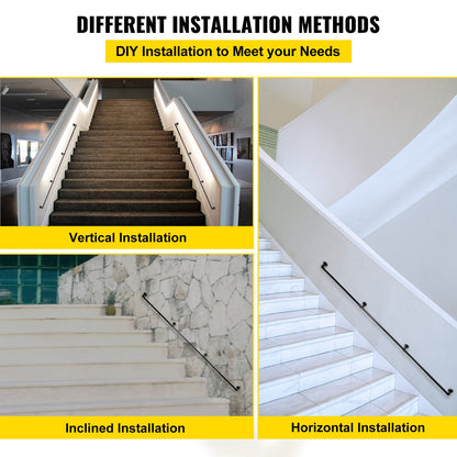 Pipe Stair Handrail, 9FT Stair Handrail, 440LBS Load Capacity Carbon Steel Pipe Handrail, Industrial Pipe Handrail with Wall Mount Support, Round Corner Wall Handrails for Indoor, Outdoor