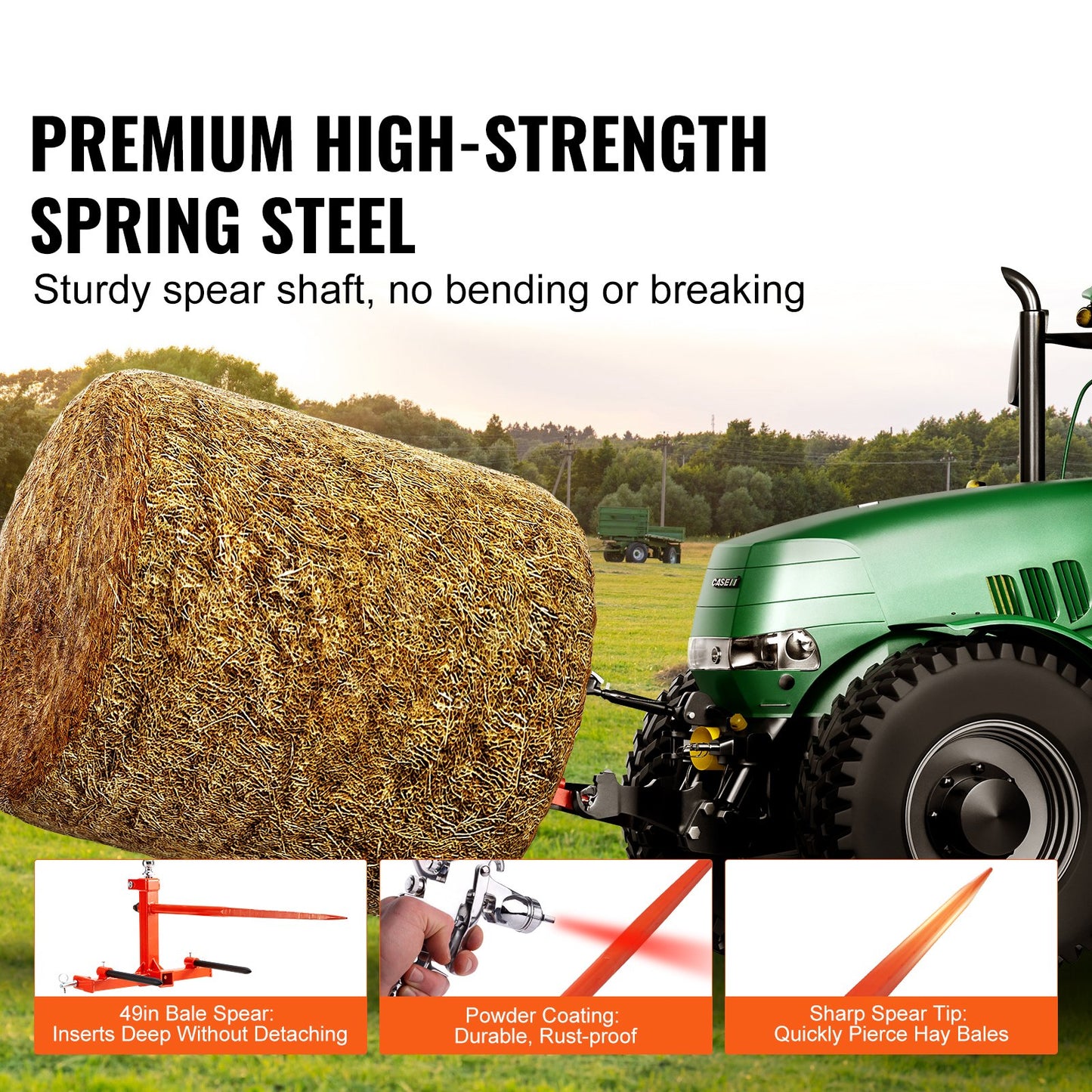 49" hay spear, bale spear 1600lbs load capacity, three point tractor attachment with 2 x 17.5" stabilizer spears, quick attach nail forks