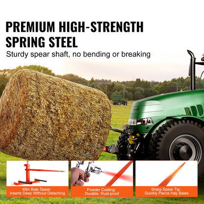 49" hay spear, bale spear 1600lbs load capacity, three point tractor attachment with 2 x 17.5" stabilizer spears, quick attach nail forks