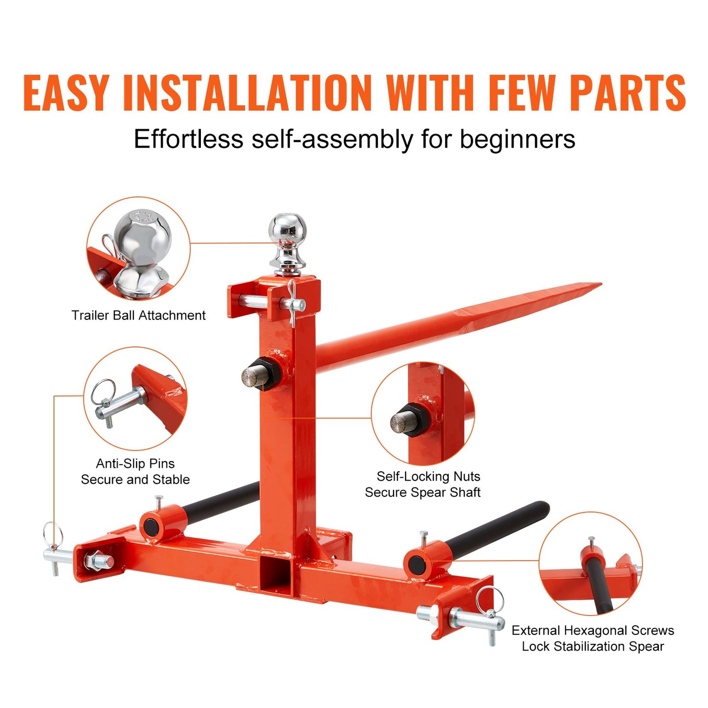 49" hay spear, bale spear 1600lbs load capacity, three point tractor attachment with 2 x 17.5" stabilizer spears, quick attach nail forks