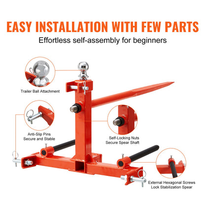 49" hay spear, bale spear 1600lbs load capacity, three point tractor attachment with 2 x 17.5" stabilizer spears, quick attach nail forks