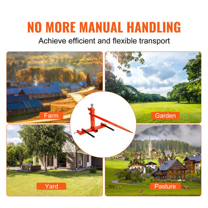 49" hay spear, bale spear 1600lbs load capacity, three point tractor attachment with 2 x 17.5" stabilizer spears, quick attach nail forks