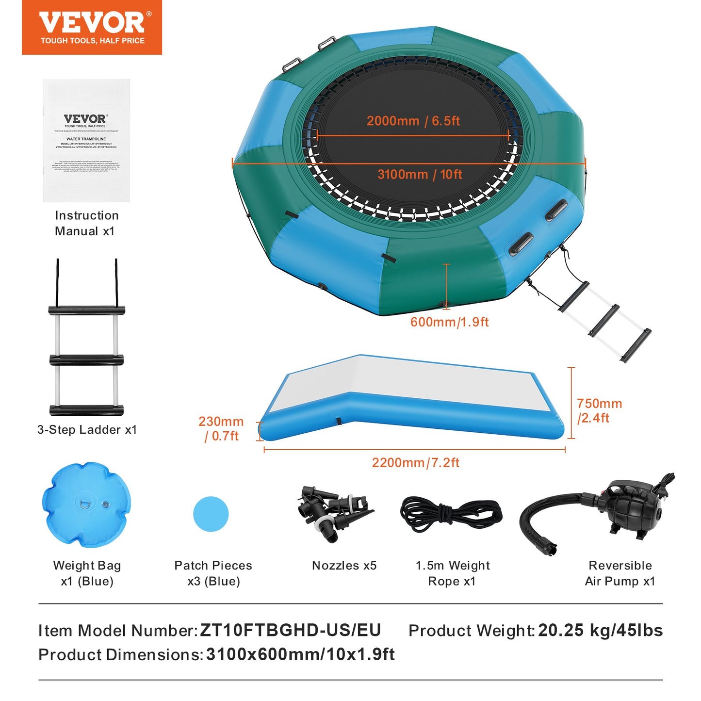 10ft inflatable water trampoline swimming platform bounce with slide at pool lake