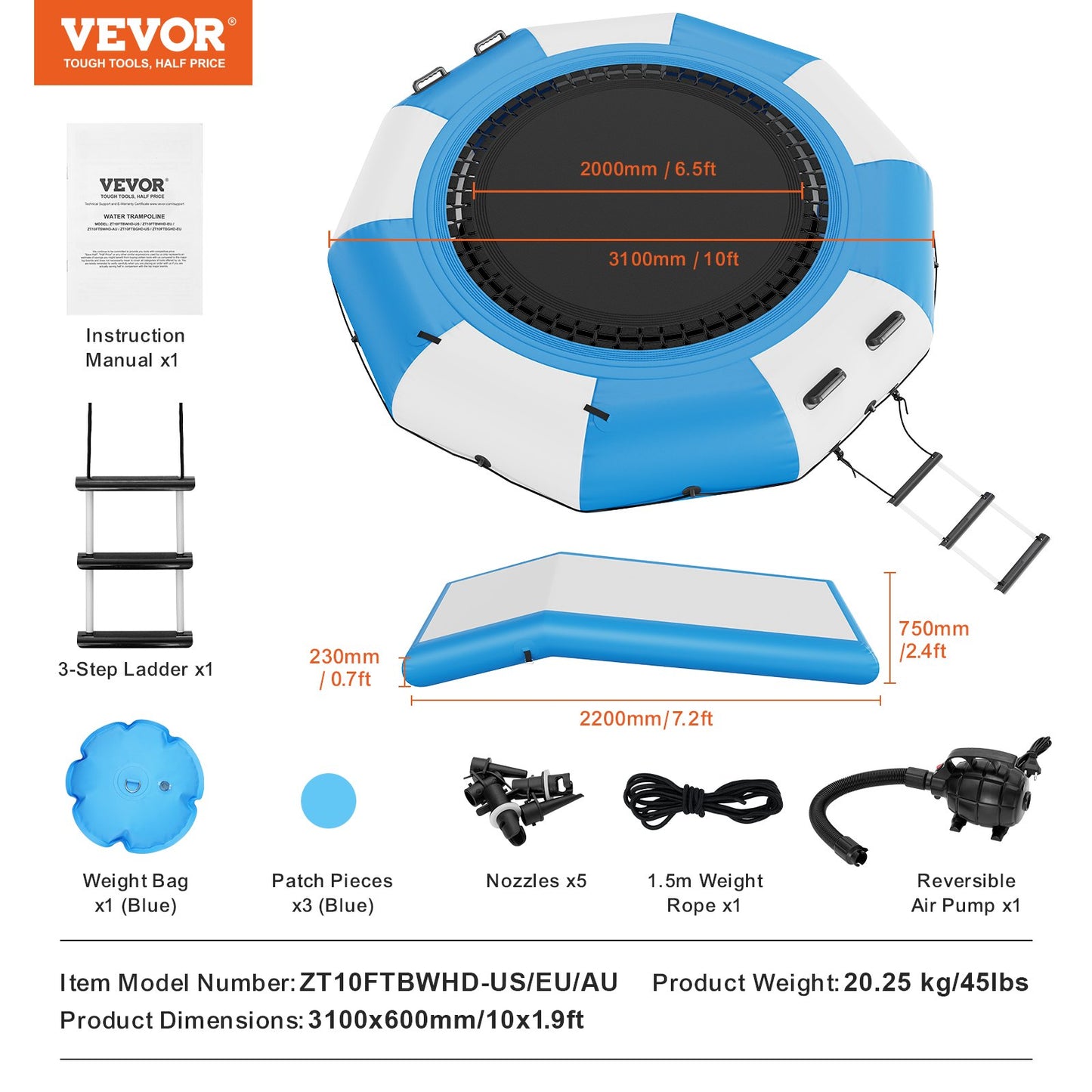 10ft inflatable water trampoline swimming platform bounce with slide at pool lake
