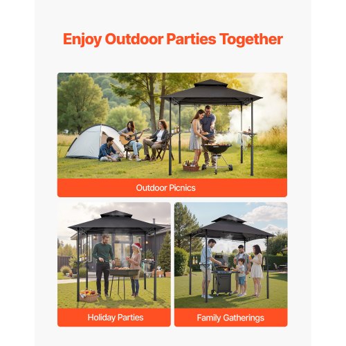 Grillpaviljong, 2,43 x 1,5 m förstärkt utomhusgrillpaviljong med dubbelt tak, pulverlackerat stålgrilltak med 2 sidohyllor och 8 krokar, grilltak för uteplats, bakgård och trädgård |  EU