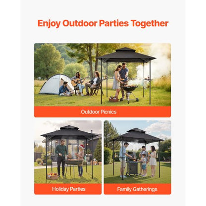 Grillpaviljong, 2,43 x 1,5 m utomhusgrillpaviljong med dubbelt tak, pulverlackerat stålgrilltak med 2 sidohyllor och 8 krokar, grilltak för uteplats, trädgård, picknick |  EU