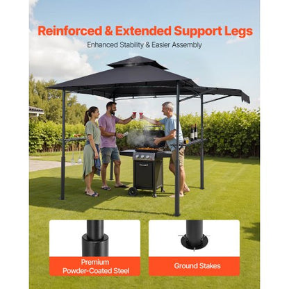 Grillpaviljong, 2,43 x 1,5 m dubbelt tak, förstärkt grillpaviljong med extra markis, pulverlackerat stålgrilltak med 2 sidohyllor och krokar, grilltak för trädgården |  EU