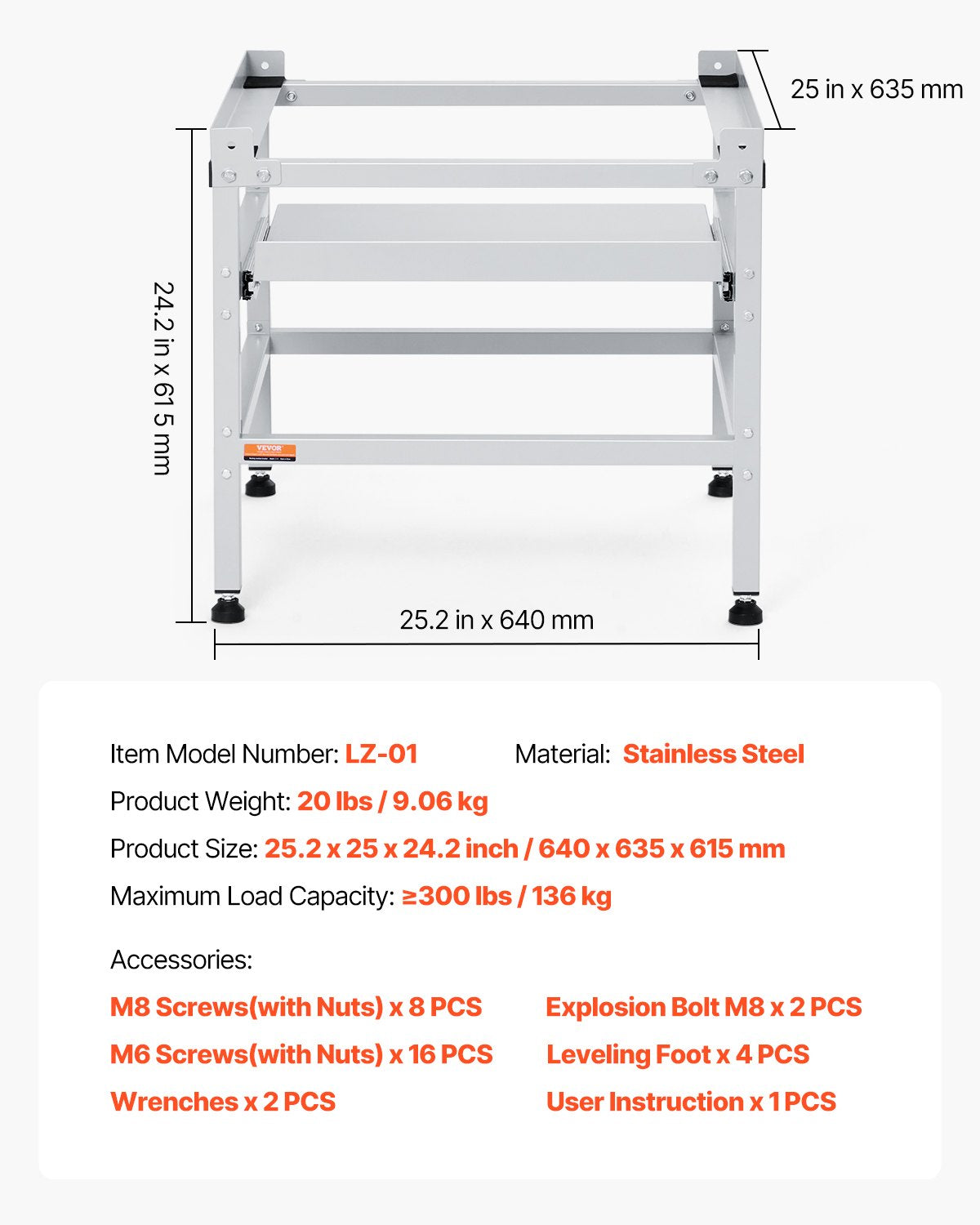 Tvättmaskinsstativ piedestal 25,2x25 tum för bricka 300LB med bricka