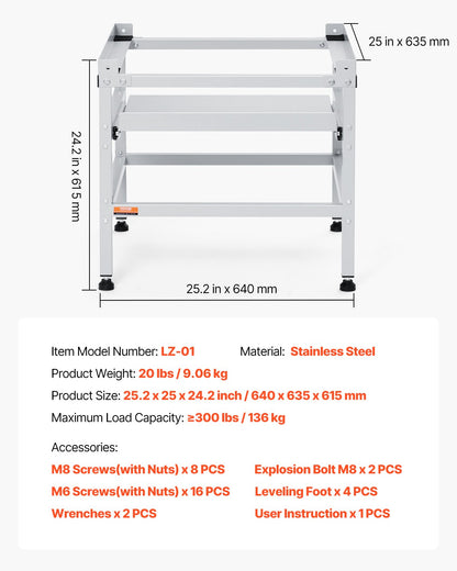 Tvättmaskinsstativ piedestal 25,2x25 tum för bricka 300LB med bricka