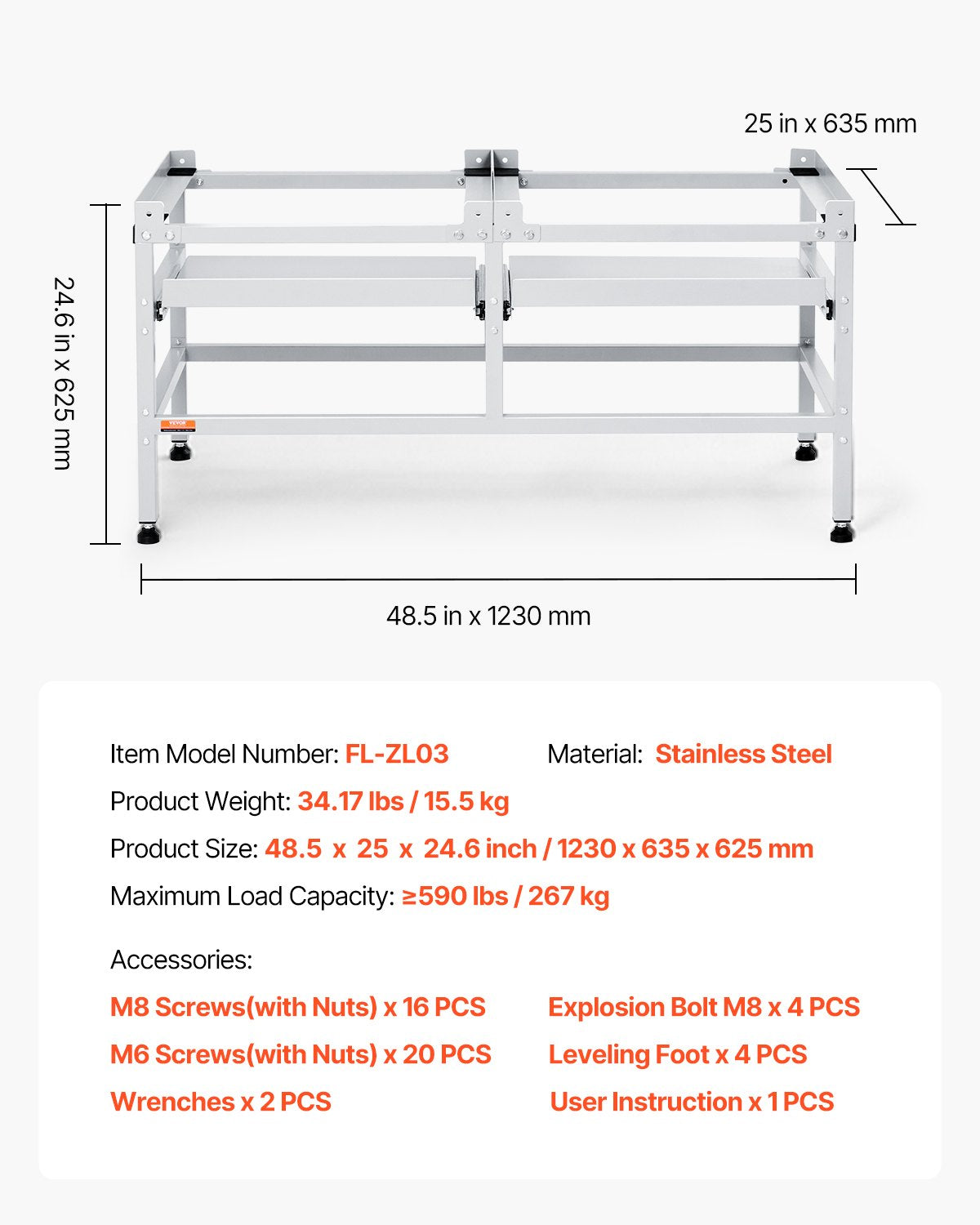 Tvättmaskinsstativ piedestal 48,5x25 tum 590LB med dubbelbricka