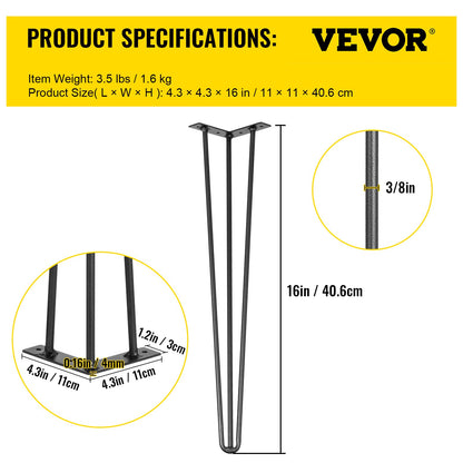 Hairpin Table Legs 16 Inch Black Set of 4 Desk Legs Each 220lbs Capacity Hairpin Table Legs 3 Rods for Bench Desk Table Dining Table Chairs Carbon Steel DIY Table Legs Heavy Duty Furniture Legs