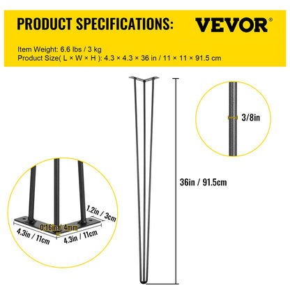 Hairpin Table Legs 36" Black Set of 4 Desk Legs 880lbs Load Capacity (Each 220lbs) Hairpin Table Legs 3 Rods for Bench Desk Table Chairs for Dining Room Table Carbon Steel DIY Heavy Duty Furniture Legs