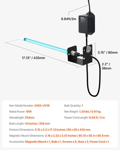 HVAC Air Purifier 18W 14 Inch UV Light Coil Cleaner with Magnet in Duct