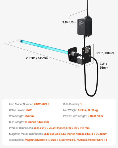 HVAC Air Purifier 25W 17 Inch UV Light Coil Cleaner with Magnet in Duct
