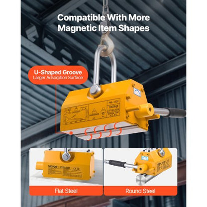 permanentmagnetisk lyftanordning, 1000 kg dragkapacitet, kraftig N42 neodymlyftmagnet med frigöringshandtag och stålkrok, används i verkstadskran och lyftanordning, för lyft av plåt, stål och bräda |  EU