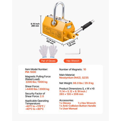 permanentmagnetisk lyftanordning, 1000 kg dragkapacitet, kraftig N42 neodymlyftmagnet med frigöringshandtag och stålkrok, används i verkstadskran och lyftanordning, för lyft av plåt, stål och bräda |  EU