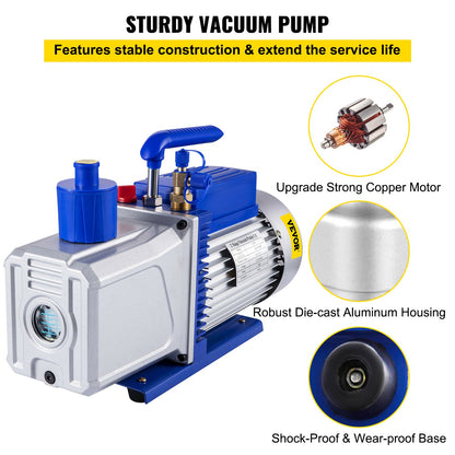 10CFM 2-stegs vakuumpump, 1HP köldmedievakuumpump, luftkonditionering Dubbelstegs AC-konditionering för frysning av matförpackningar Bilreparation Vakuumevakuering(VP280)