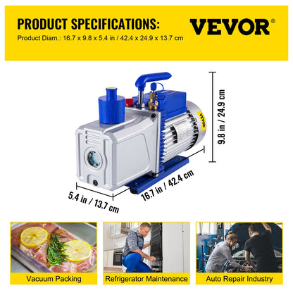 10CFM 2-stegs vakuumpump, 1HP köldmedievakuumpump, luftkonditionering Dubbelstegs AC-konditionering för frysning av matförpackningar Bilreparation Vakuumevakuering(VP280)