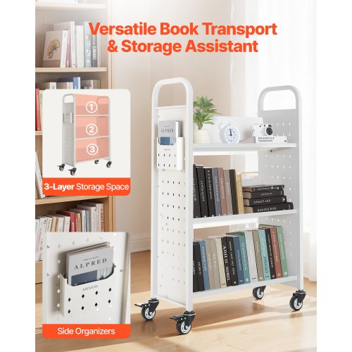 3-Tier Rolling Book Cart Single-Sided V-Shaped Shelf Book Cart in White | EU