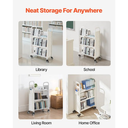 3-Tier Rolling Book Cart Single-Sided V-Shaped Shelf Book Cart in White | EU