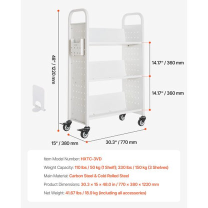 3-Tier Rolling Book Cart Single-Sided V-Shaped Shelf Book Cart in White | EU