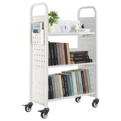 3-Tier Rolling Book Cart Single-Sided V-Shaped Shelf Book Cart in White | EU