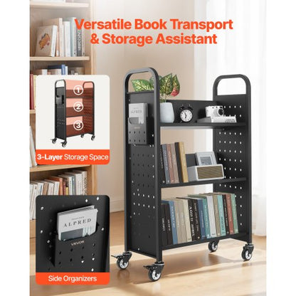 3-Tier Rolling Book Cart Single Sided V-Shaped Shelf Book Cart in Black | EU