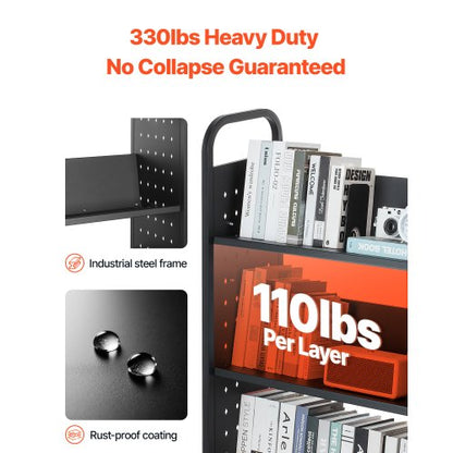 3-Tier Rolling Book Cart Single Sided V-Shaped Shelf Book Cart in Black | EU