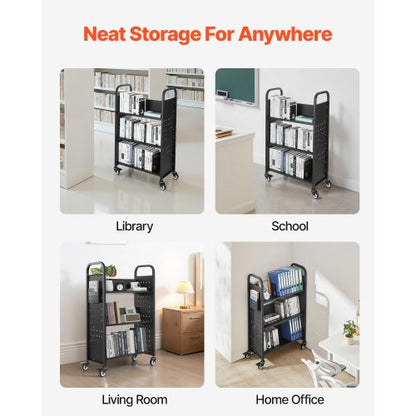 3-Tier Rolling Book Cart Single Sided V-Shaped Shelf Book Cart in Black | EU