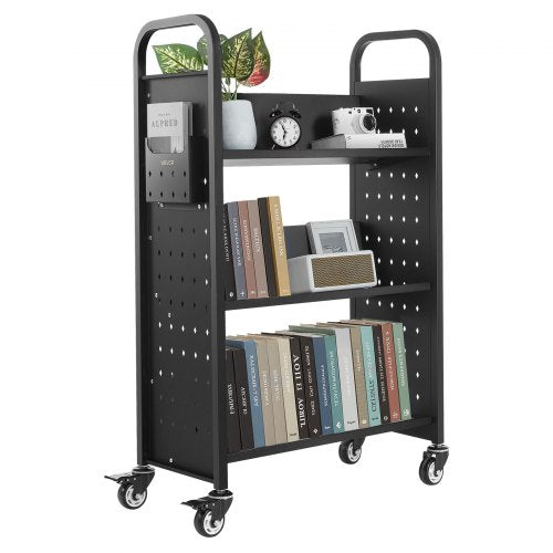 3-Tier Rolling Book Cart Single Sided V-Shaped Shelf Book Cart in Black | EU