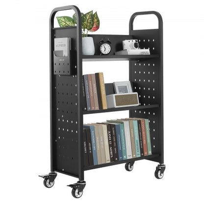 3-Tier Rolling Book Cart Single Sided V-Shaped Shelf Book Cart in Black | EU