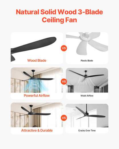 72" Wooden Blade Ceiling Fan No Light Remote Control Reversible Motor Black