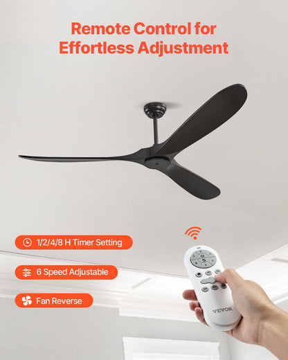 72" Wooden Blade Ceiling Fan No Light Remote Control Reversible Motor Black