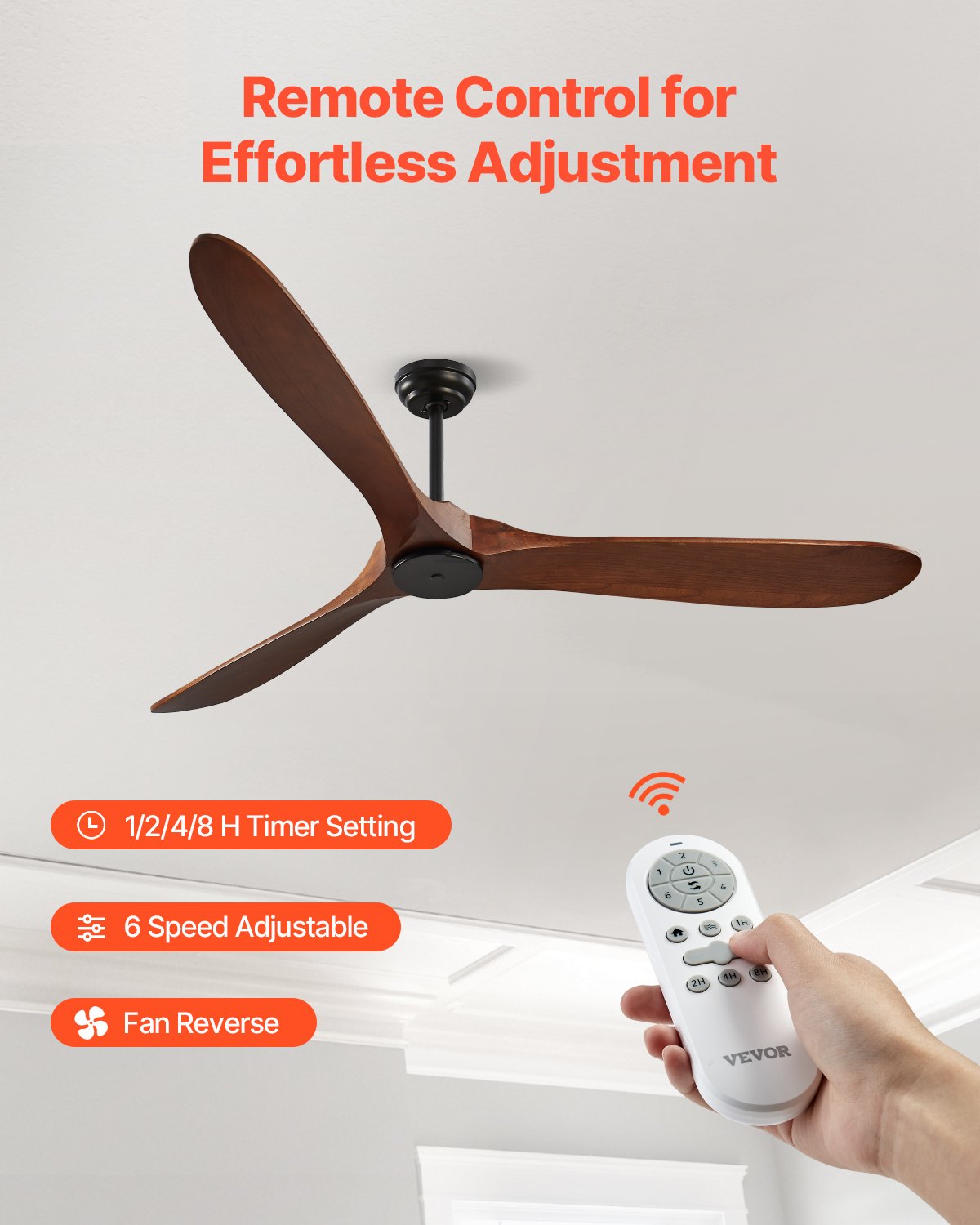 72" Wooden Blade Ceiling Fan No Light Remote Control Reversible Motor Walnut