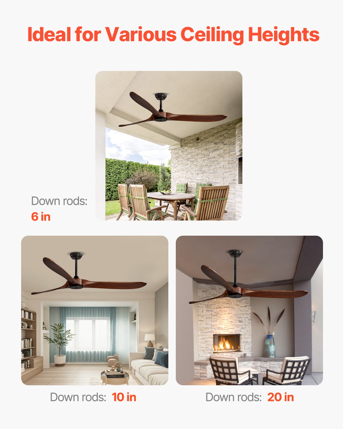 72" Wooden Blade Ceiling Fan No Light Remote Control Reversible Motor Walnut