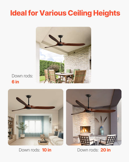 72" Wooden Blade Ceiling Fan No Light Remote Control Reversible Motor Walnut