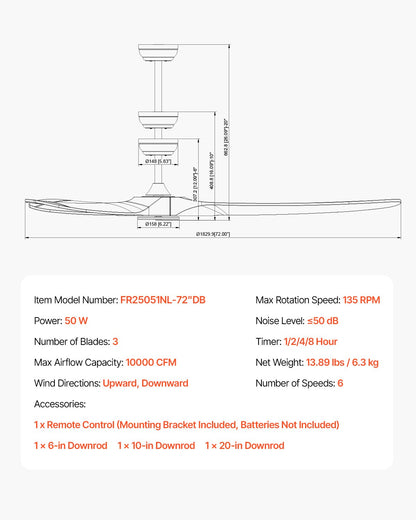 72" Wooden Blade Ceiling Fan No Light Remote Control Reversible Motor Walnut