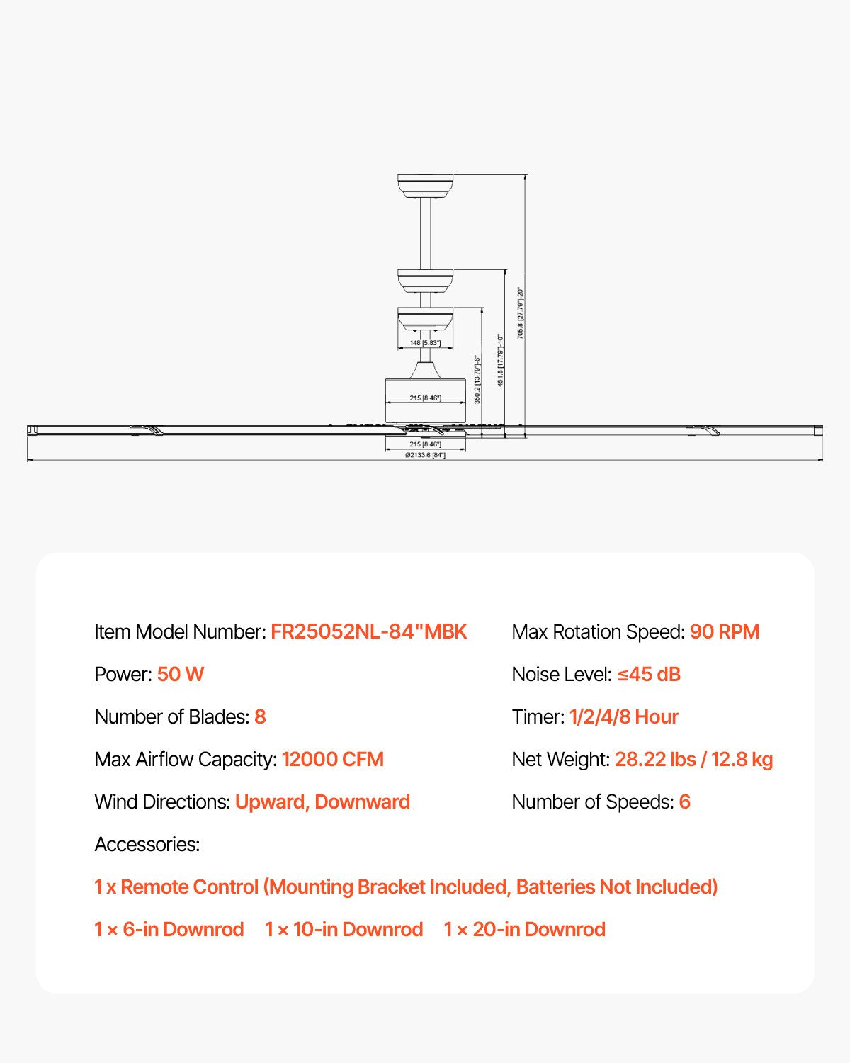 213 cm Takfläkt i aluminium Utan Ljus Fjärrkontroll DC Motor Svart