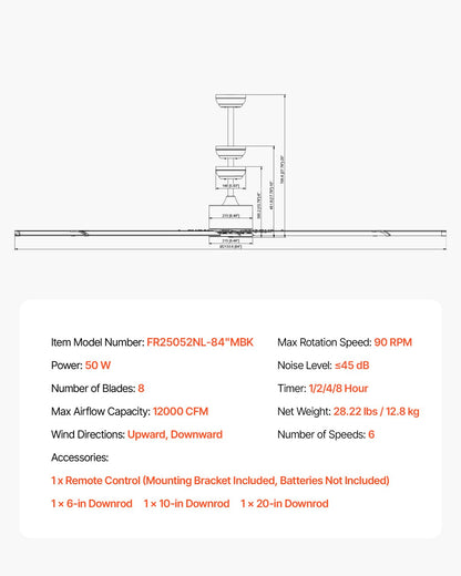 213 cm Takfläkt i aluminium Utan Ljus Fjärrkontroll DC Motor Svart
