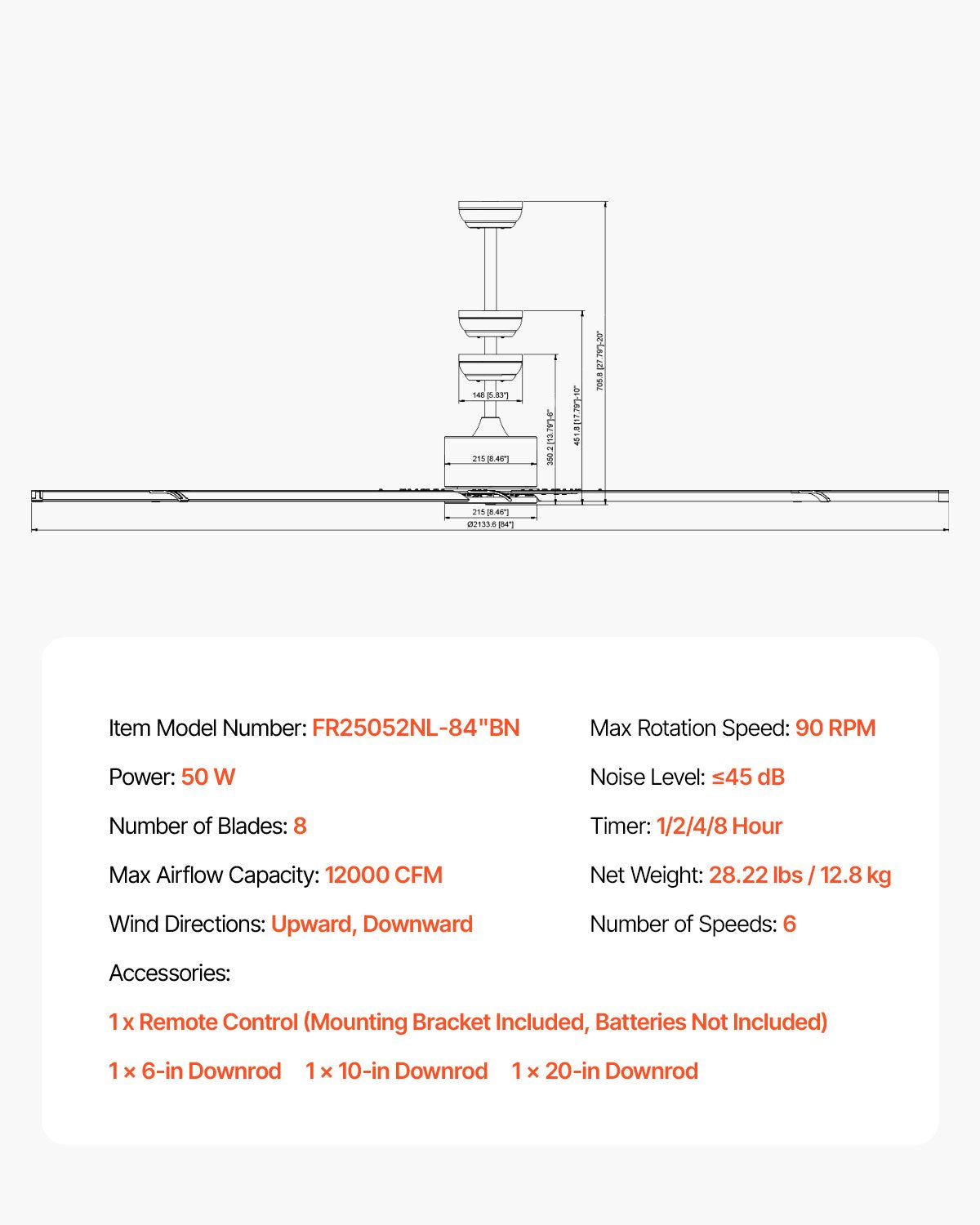 213 cm takfläkt i aluminium utan ljusfjärrkontroll Borstad nickel
