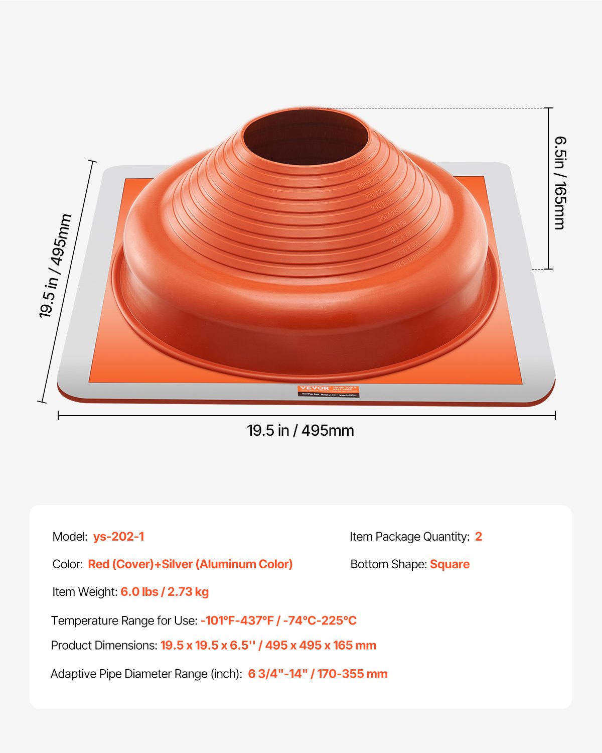2pcs Metal Roof Pipe Flashing Boot Fits 6-3/4"-14" Pipe High Temp Silicone