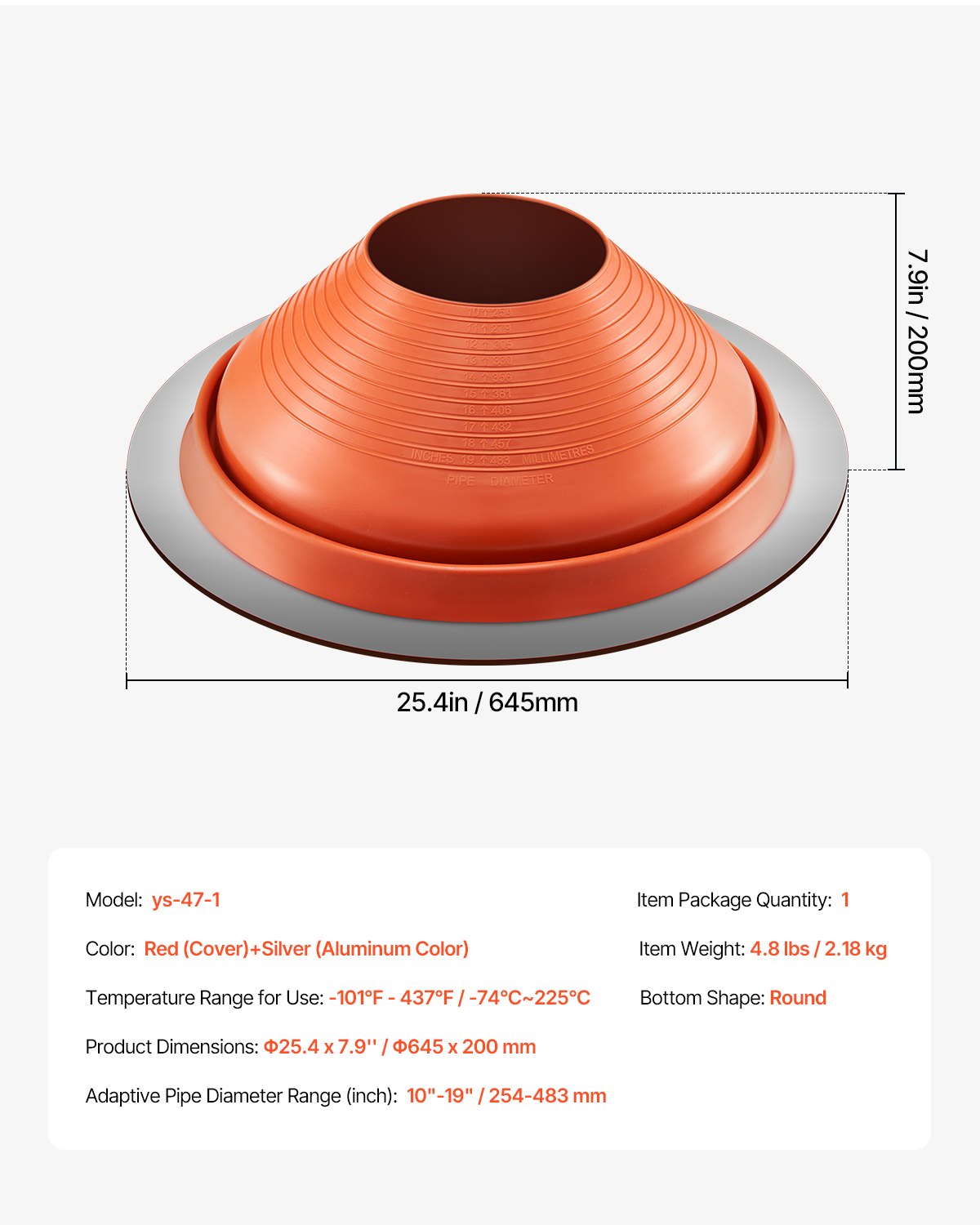 Metal Roof Pipe Flashing Boot Fits 10" - 19" Pipe High Temperature Red Silicone