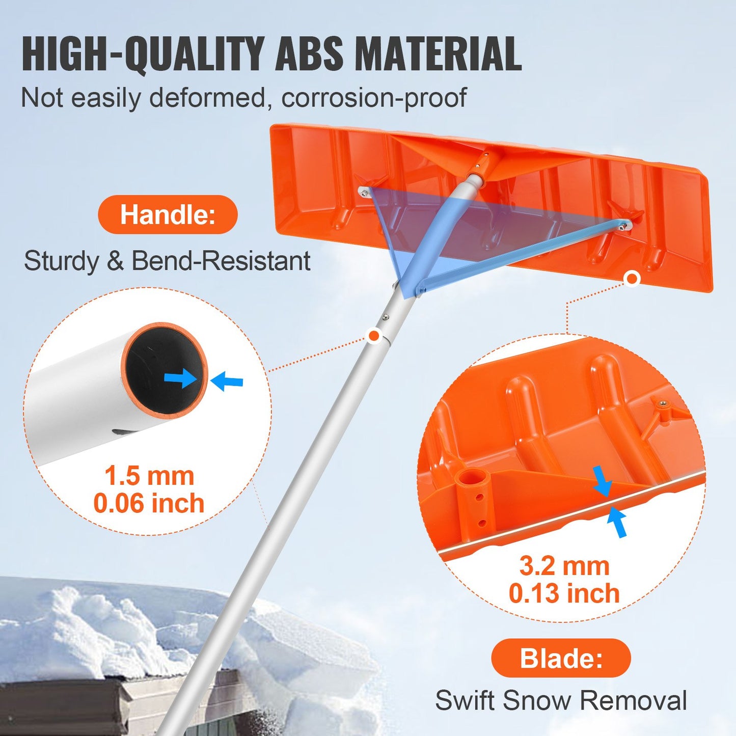 Snöräcke, 25-tums verktyg för snöborttagning av plastblad, handtag i aluminium med 21 fots räckvidd, överlägsen takskyffel med halkskydd, lätt att installera och använda för hustak, bilsnö, våta löv