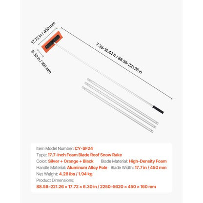 snötakskrapa, 45 cm skumblad, 2,25-5,62 m justerbar snöskrapa, förlängningsrör och halkfritt handtag, lätt snöborttagningsverktyg för lövborttagning och skräpborttagning |  EU
