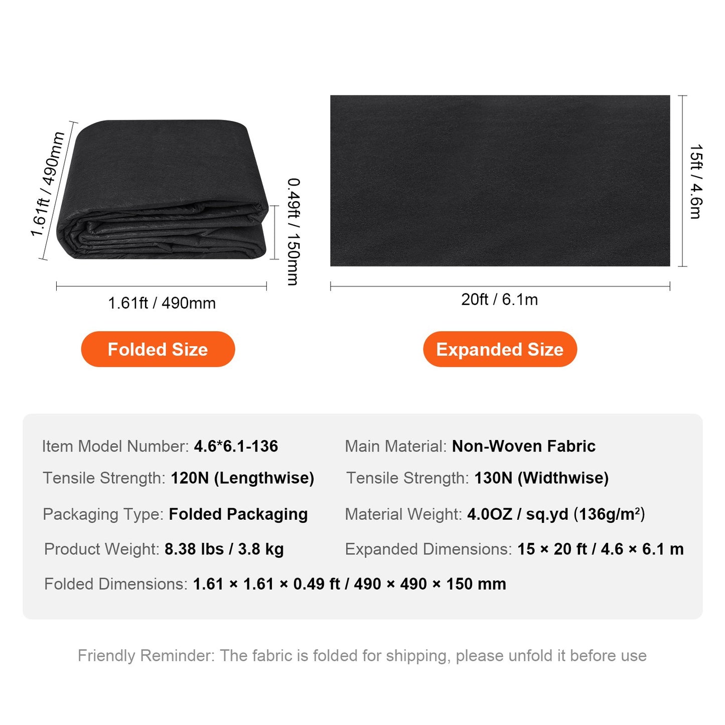 Driveway Fabric, 15x20FT Nonwoven Geotextile Fabric for Landscaping, Heavy Duty Garden Weed Barrier Fabric, 4OZ Landscape Fabric, French Drains Drainage Fabric, Ground Cover Weed Control Fabric