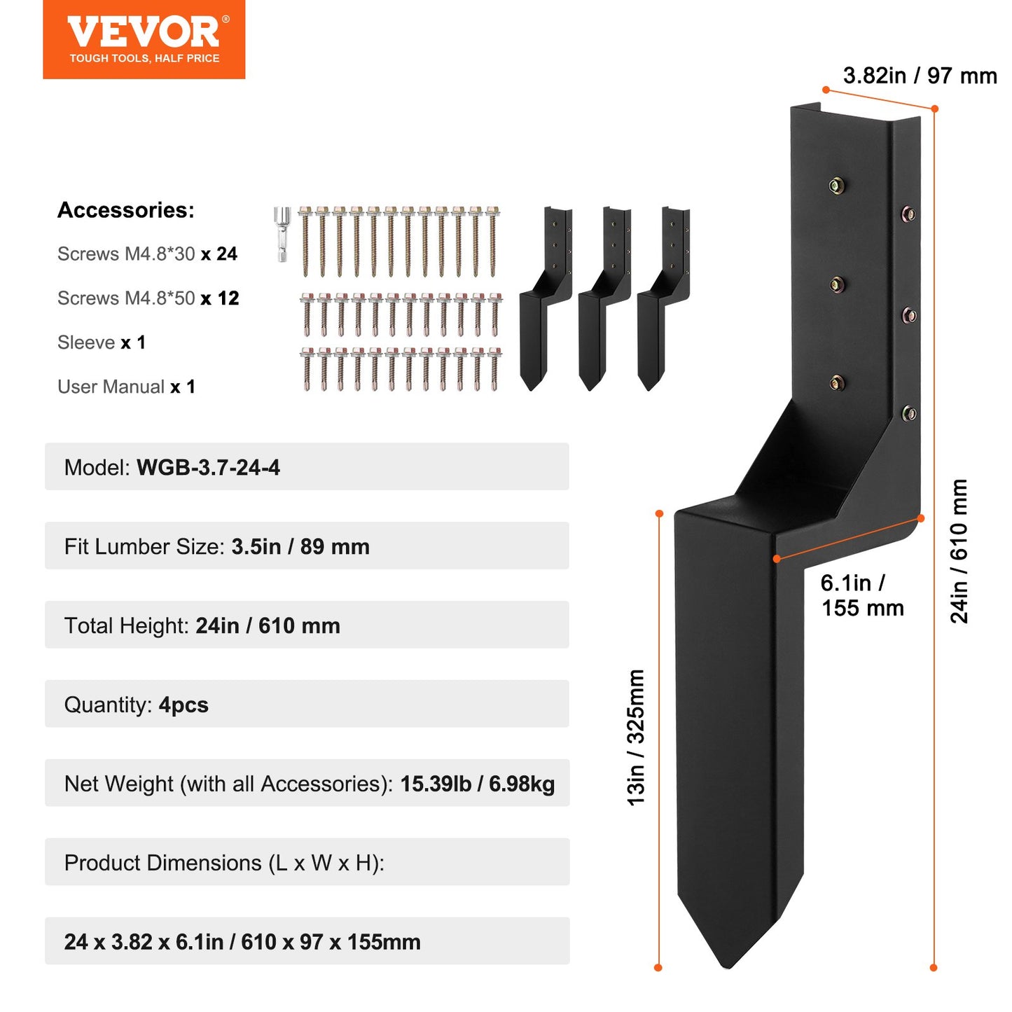 Fence Post Ankare Reparationssats, 4 Pack Innerdiameter 3,5 x3,5 Inches Heavy Duty Stängselstolpe Stödstakar, Ankare Ground Spike för reparation Tiltad, Trasig Staketstolpe, Enveloping
