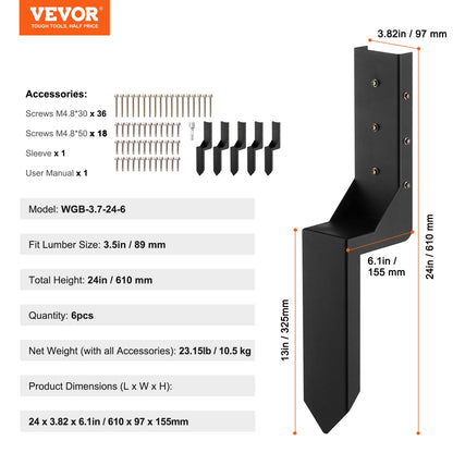 Fence Post Ankare Reparationssats, 6 Pack Innerdiameter 3,5 x3,5 Inches Heavy Duty Stängsel Stolpe Stödstakar, Ankare Ground Spike för reparation Tiltad, Trasig Trä Stängselstolpe, Enveloping
