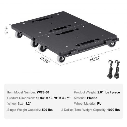 Möbelwagen, Tragkraft je 227 kg, Möbeltransporter mit Rädern, tragbare, bewegliche Rollen, 4 Räder, strapazierfähig, kleiner, flacher Transportwagen mit Feststeller für schwere Möbel, 2er-Pack, schwarz